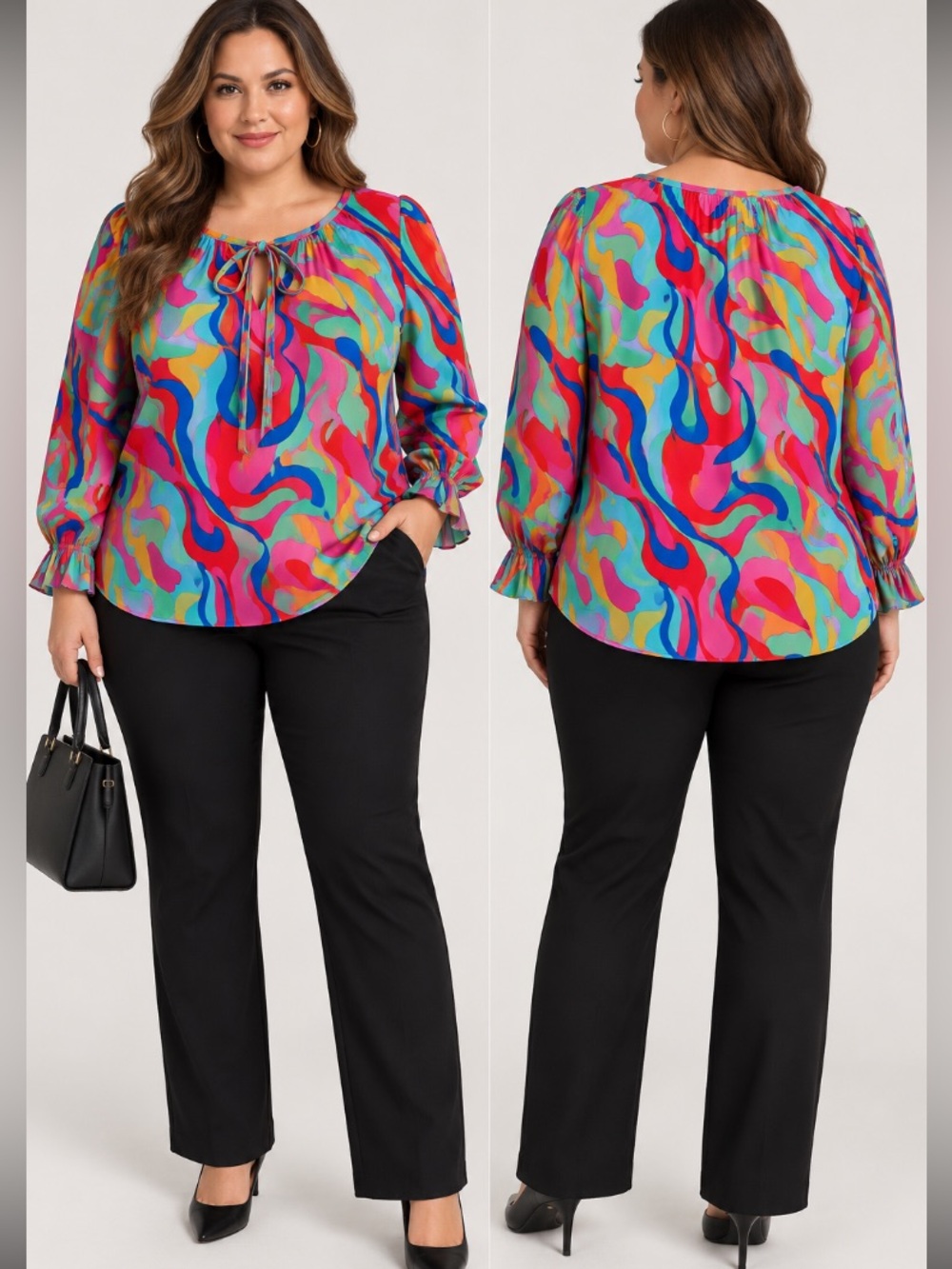 NWT DOSE multiple colors print long ballon sleeves V-neck tie string blouse.